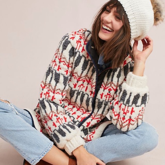 Anthropologie | Sleeping on Snow Fair Isle Sherpa Intarsia Sweater Jacket - Picture 1 of 15